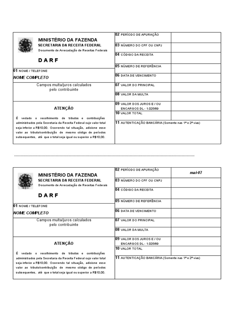 Modelo de DARF para Preenchimento 2024 | PDF | Finanças e Administração ...