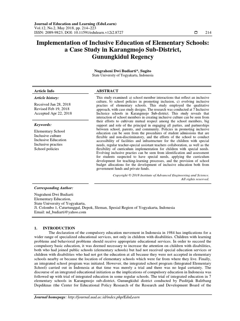 Implementation of Inclusive Education of Elementary Schools: A Case ...