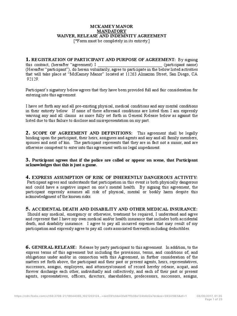 Mandatory Waiver, Release and Indemnity Agreement for Participation in  Activities at McKamey Manor | PDF | Indemnity