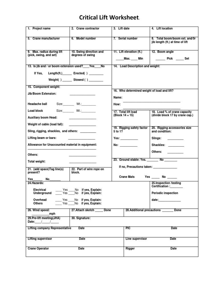 Critical Lift Worksheet PDF Crane (Machine) Manufactured Goods
