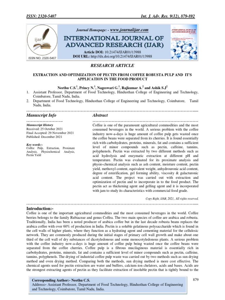 Extraction and Optimization of Pectin From Coffee Robusta Pulp and Its