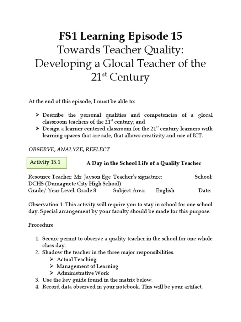 Fs1 Le 15 Pdf Teachers Learning