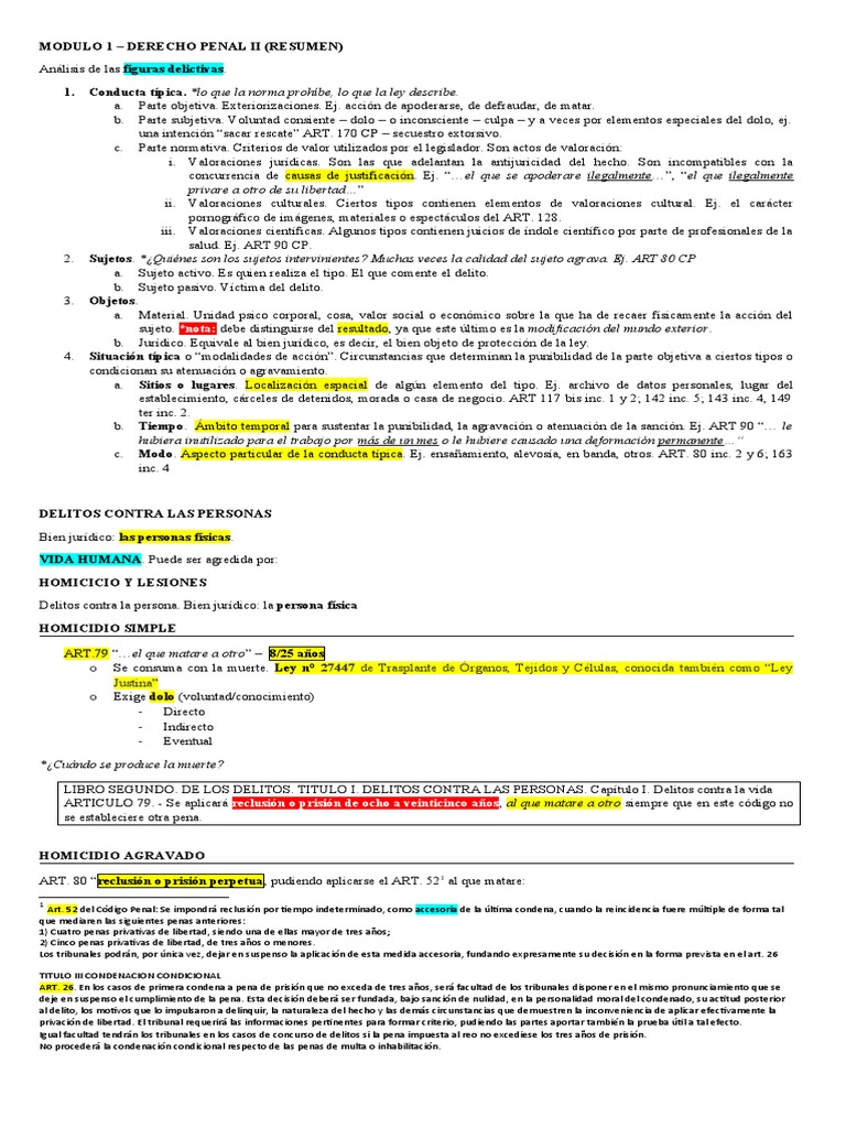 Modulo 1 y 2 - Derecho Penal Ii (Resumen) | PDF | Homicidio | Intención ...