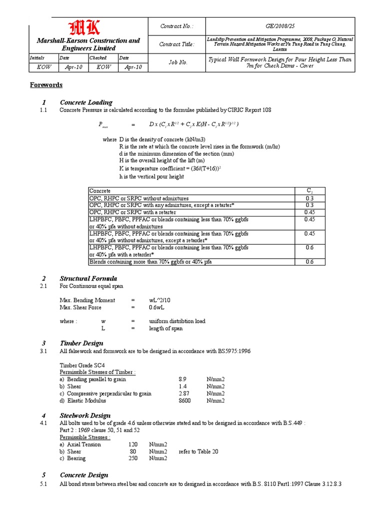 Concrete Formwork Design Calculations | PDF | Bending | Stress (Mechanics)