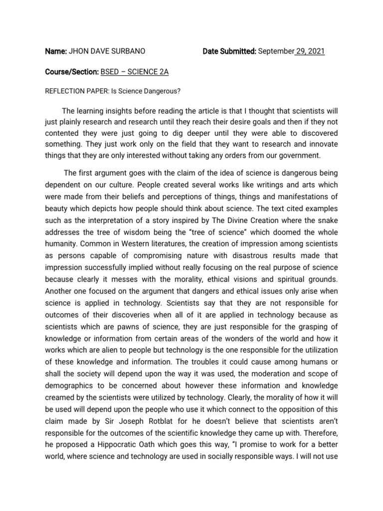 Reflection on Science's Ethical Dangers | PDF