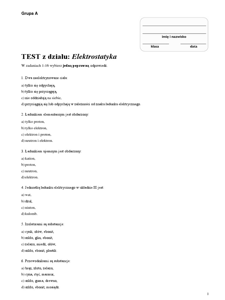 Elektrostatyka Sprawdzian Klasa 8 Odpowiedzi
