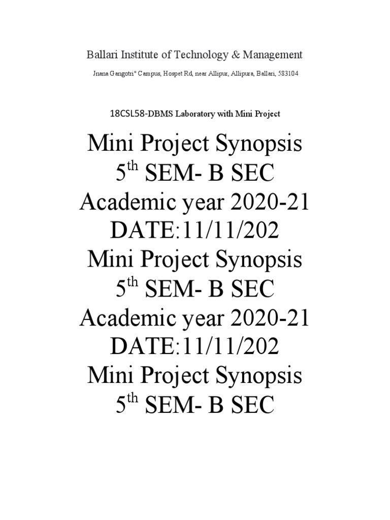 DBMS Mini Project Synopsis 5th SEM | PDF