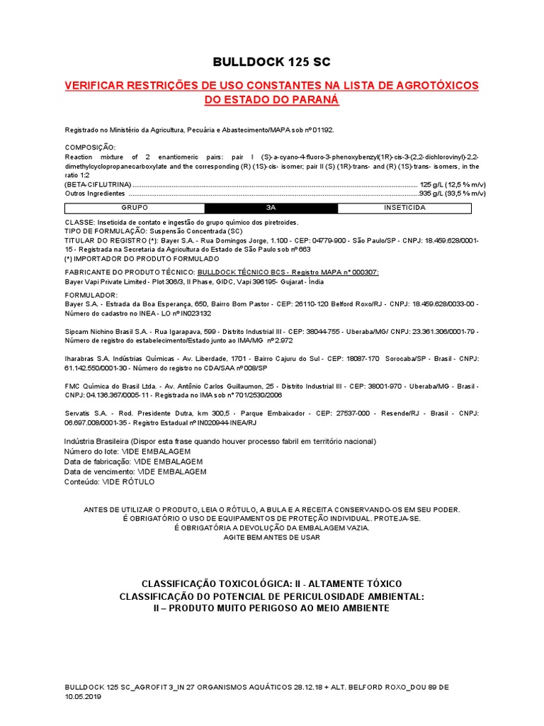 Inseticida Bulldock 125 SC: Uso e Composição | PDF | Nuvem | Inseticida