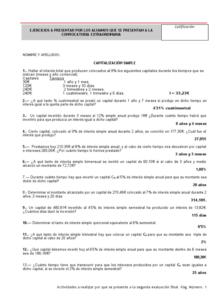Ejercicios de Interés Simple y Descuento | PDF | Bancos | Amortización ...