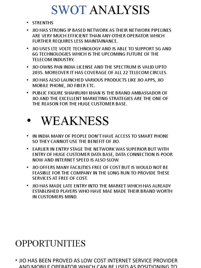 Swot Analysis Jio | PDF | Communication | Internet