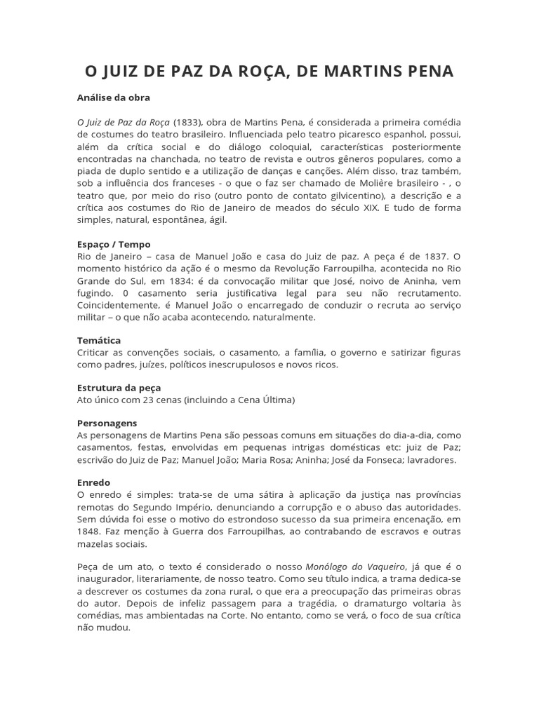 Análise Da Obra O Juiz de Paz Da Roça PDF Teatro