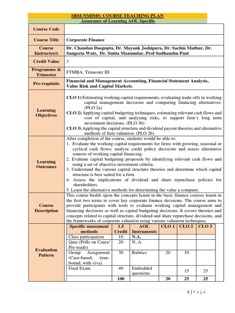 Corporate Finance Course Outline | PDF | Capital Structure | Valuation ...