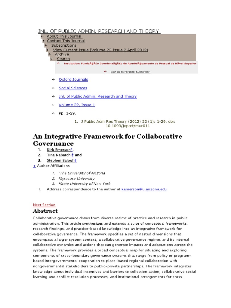 1 - EMERSON - Integrative Framework For Collaborative Governance | PDF ...