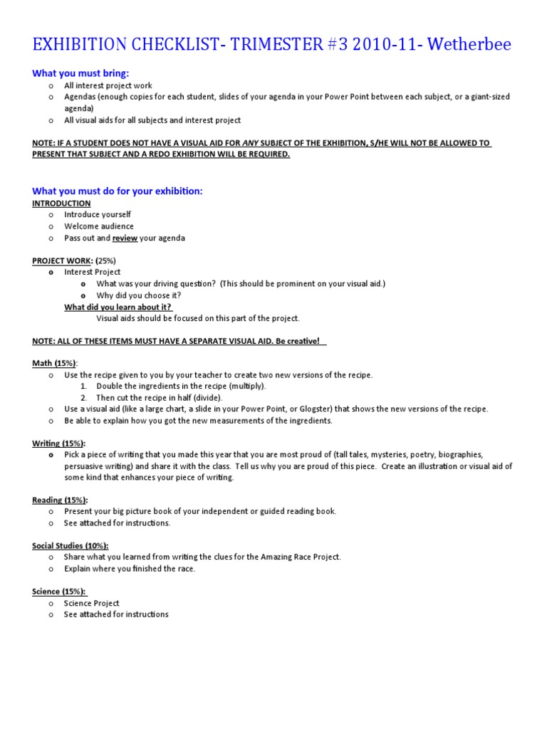 Checklist For Exhibitions Trimester 3 2010-2011 | PDF