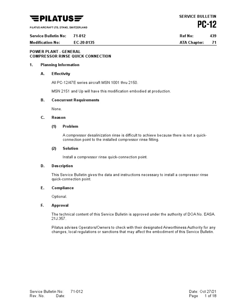 PC-12 SB 71-012 | PDF | Nut (Hardware) | Pipe (Fluid Conveyance)