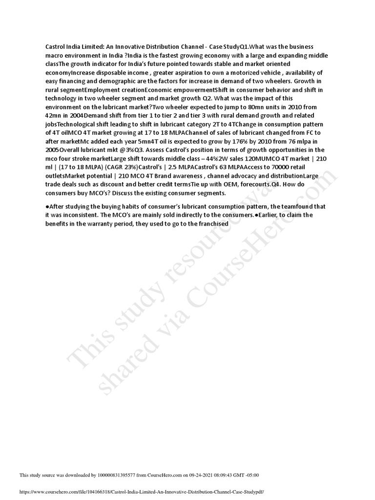 Castrol India Limited An Innovative Distribution Channel Case Study PDF