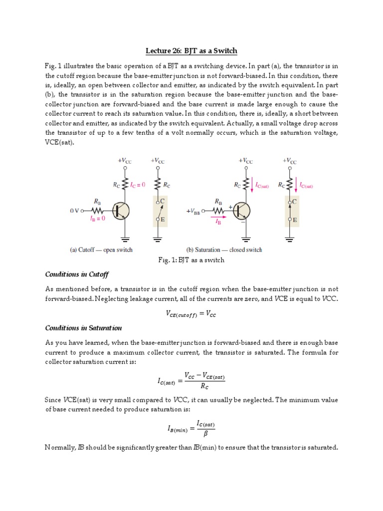 Lecture 26 BJT As A Switch Conditions in Cutoff PDF Bipolar
