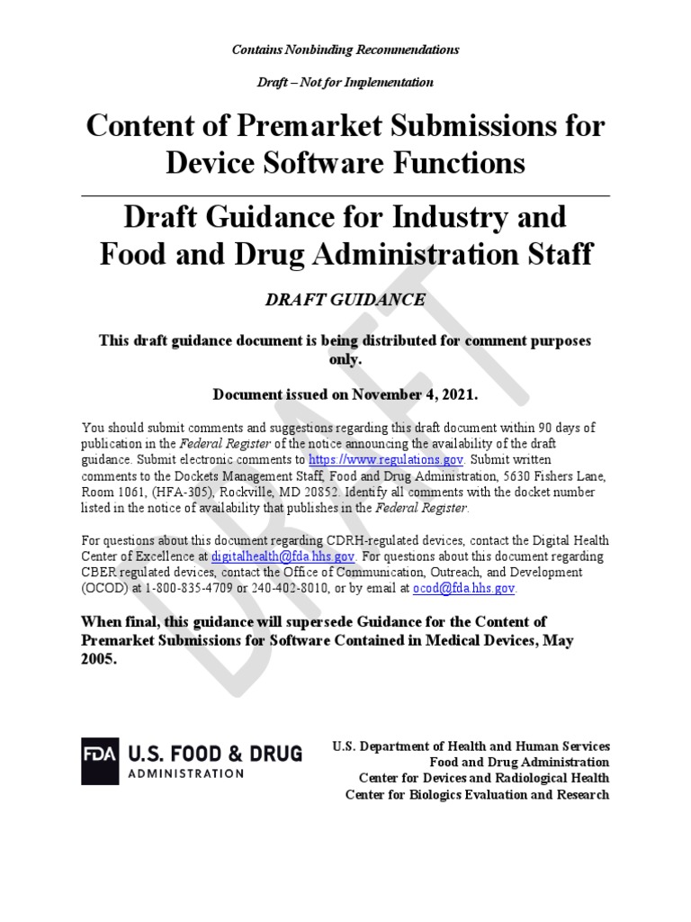 Premarket Software Functions Guidance | PDF | Medical Device | Federal Food