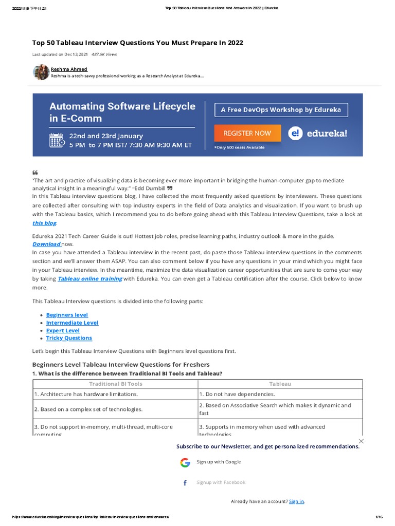 Top 50 Tableau Interview Questions and Answers in 2022 - Edureka | PDF ...