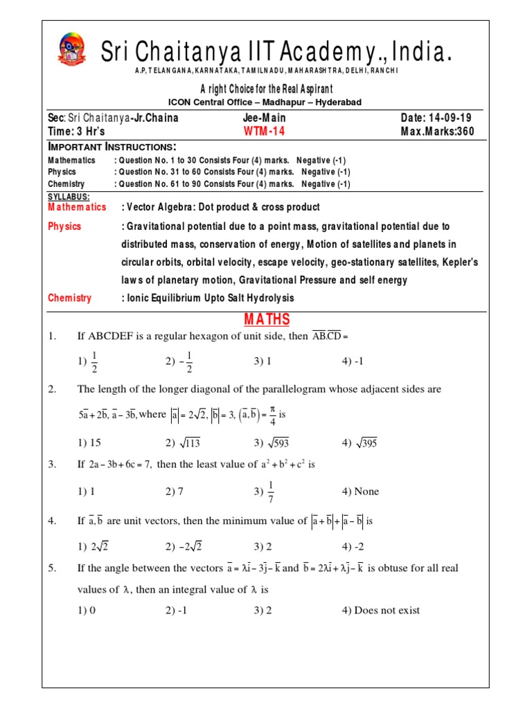 JEE-Main Question Paper - Sri Chaitanya | PDF | Orbit | Acid
