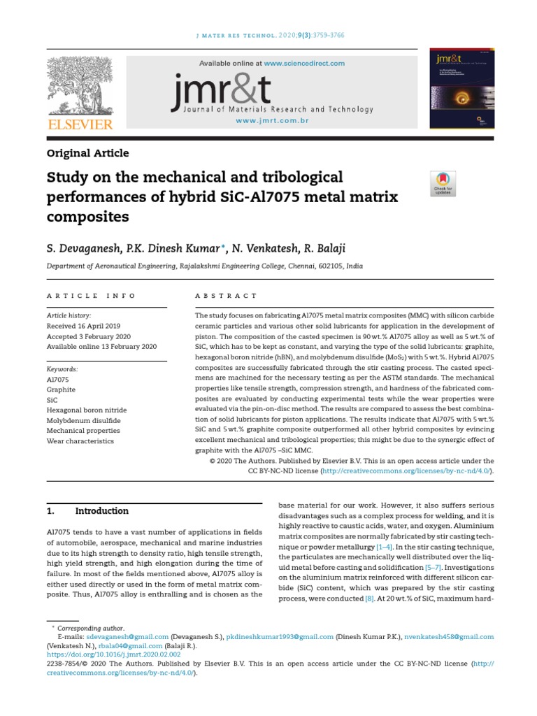 Study On The Mechanical and Tribological Performances of Hybrid Sic ...