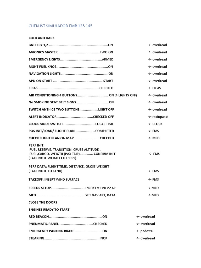 EMB 135/145 Checklist Overview | PDF | Systems Engineering | Automation