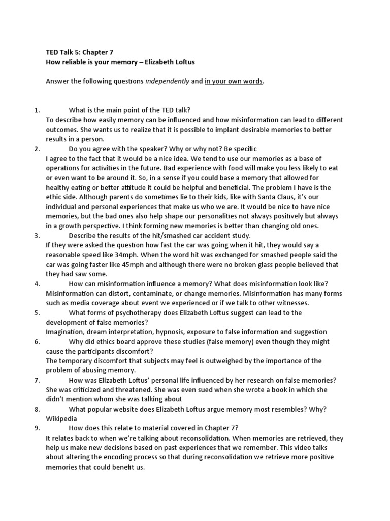 TED Talk 5 Chapter 7 How Reliable Is Your Memory Elizabeth Loftus