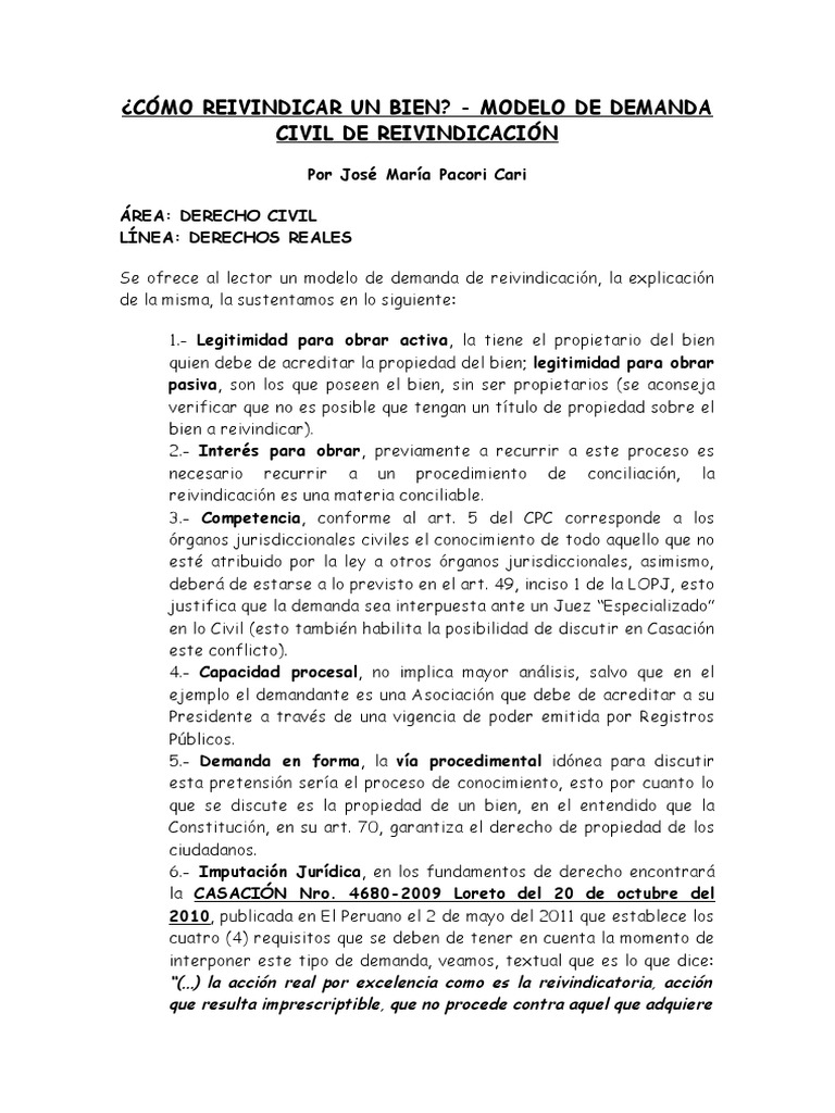 Reivindicación de un inmueble: Análisis y modelo de demanda civil | PDF ...