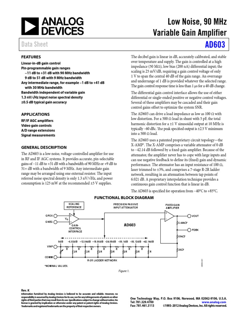 Low Noise, 90 MHZ Variable Gain Amplifier Data Sheet PDF Amplifier