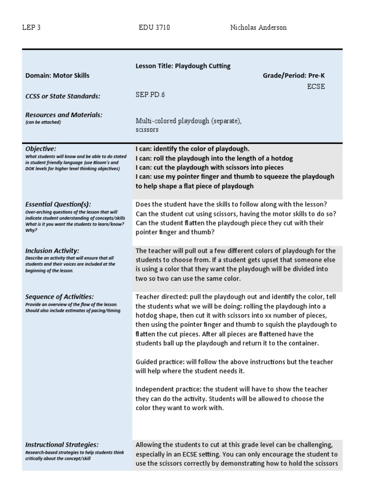Playdough Cutting Lesson Plan PDF Teachers Communication