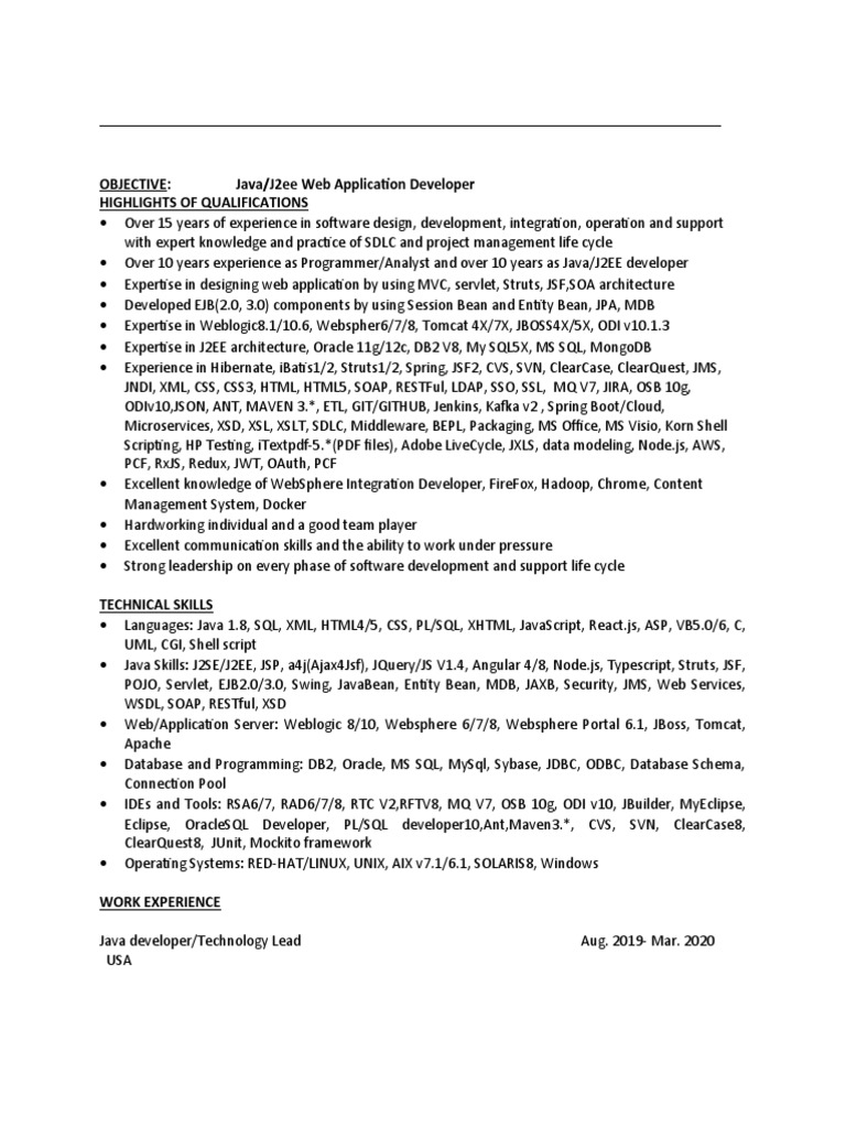 Sample Java Resume | PDF | Web Service | Web Application