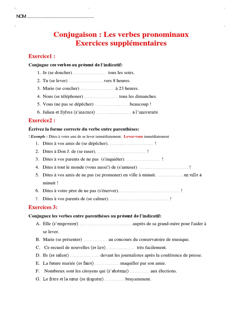 Les Verbes Pronominaux Exercices Corrigés Conjugaison: Les Verbes Pronominaux Exercices Supplémentaires | PDF