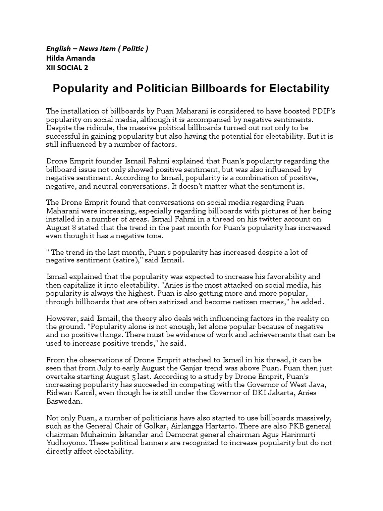 Popularity and Politician Billboards For Electability Hilda Amanda Xii