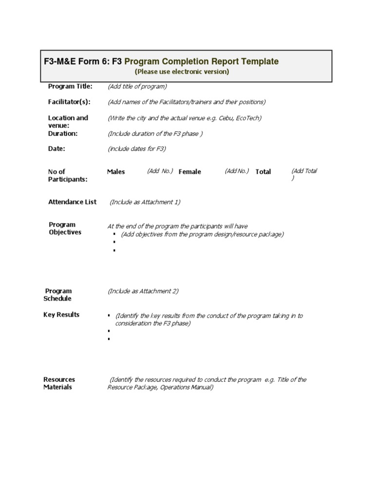F3-M&E Form 6: F3: Program Completion Report Template | Download Free ...