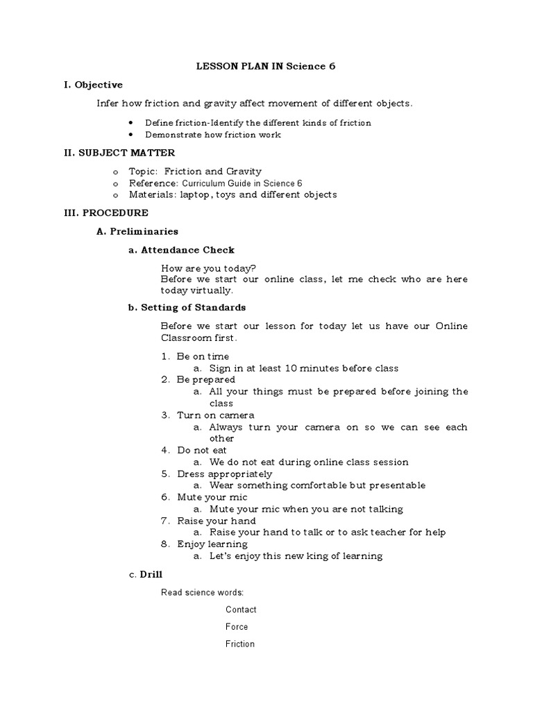 Grade 6 Friction Lesson Plan | PDF | Friction | Force