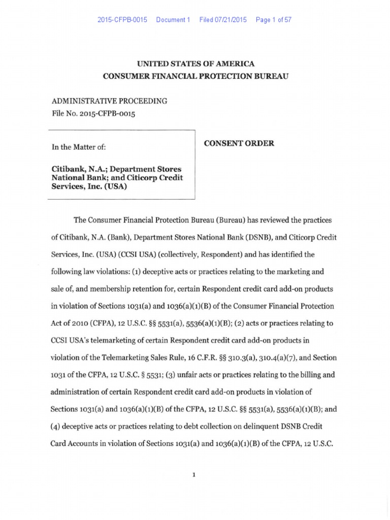 CFPB Consent Order Citibank Na Department Stores National Bank and
