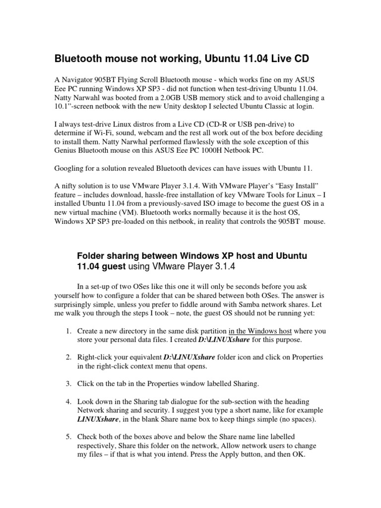 Bluetooth Mouse Not Working, Ubuntu 11.04 Live CD, and Folder Sharing
