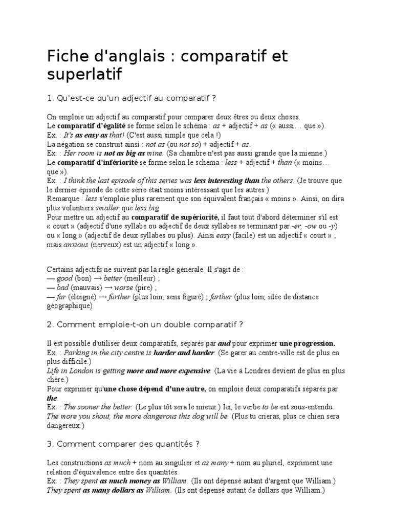 Comparatif Superlatif Anglais Exercice Corrigé Fiche D'anglais: Comparatif Et Superlatif | PDF | Onomastique | Linguistique