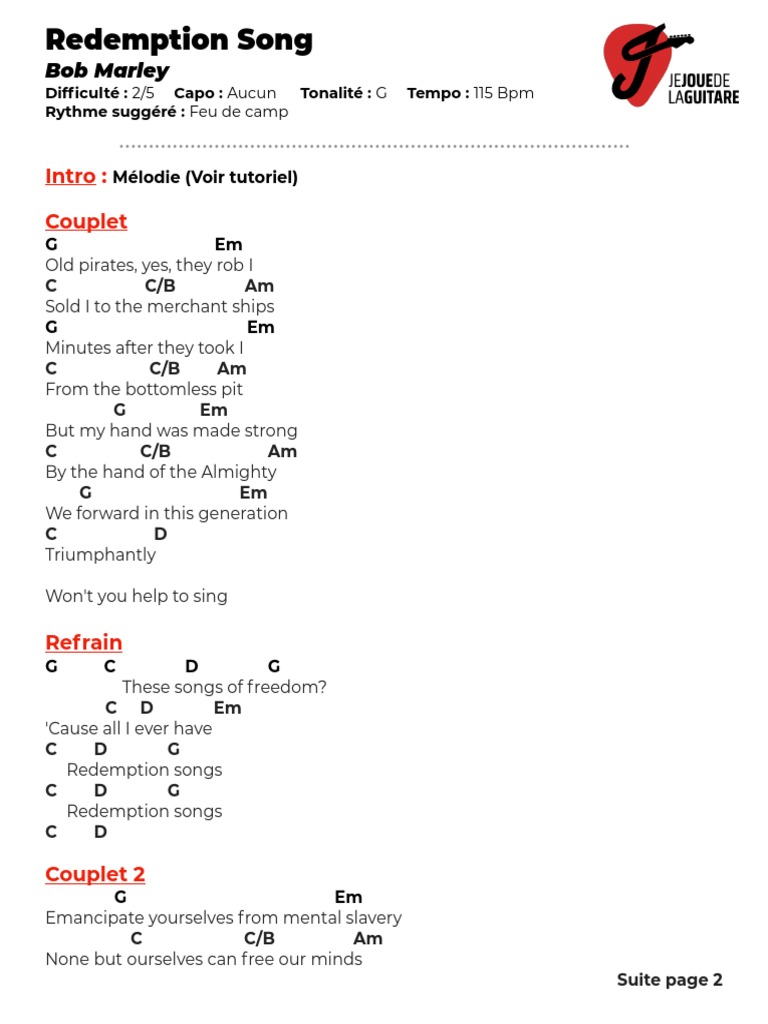 Bob Marley Redemption Song Partition Par JeJoueDeLaGuitare Com PDF