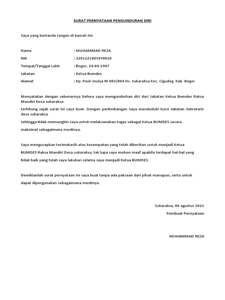 Surat Pernyataan Pengunduran Diri Bumdes | PDF
