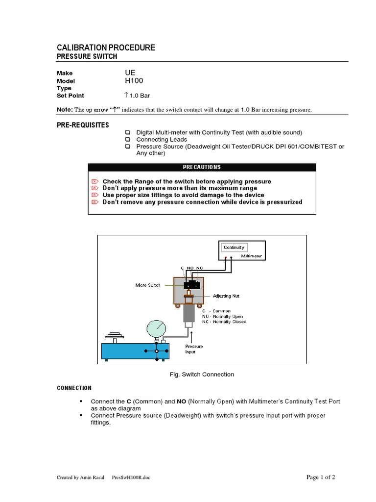 Pressure Switch Calibration Procedure PresSwH100R PDF