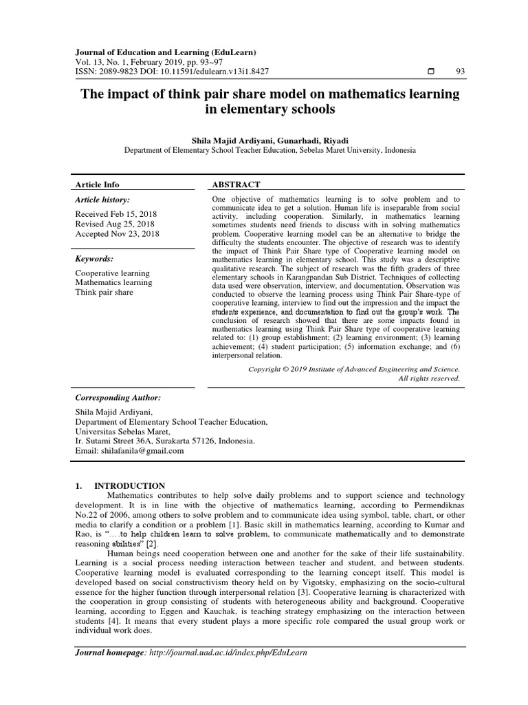 The Impact of Think Pair Share Model On Mathematics Learning in ...