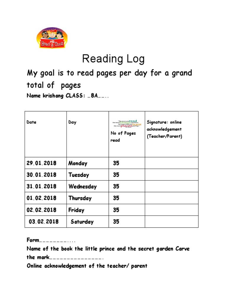 Reading Log: My Goal Is To Read Pages Per Day For A Grand Total of ...