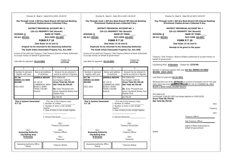 Form P.T 10 Form P.T 10 Form P.T 10: Jameela Begum | PDF | Receipt | Banks