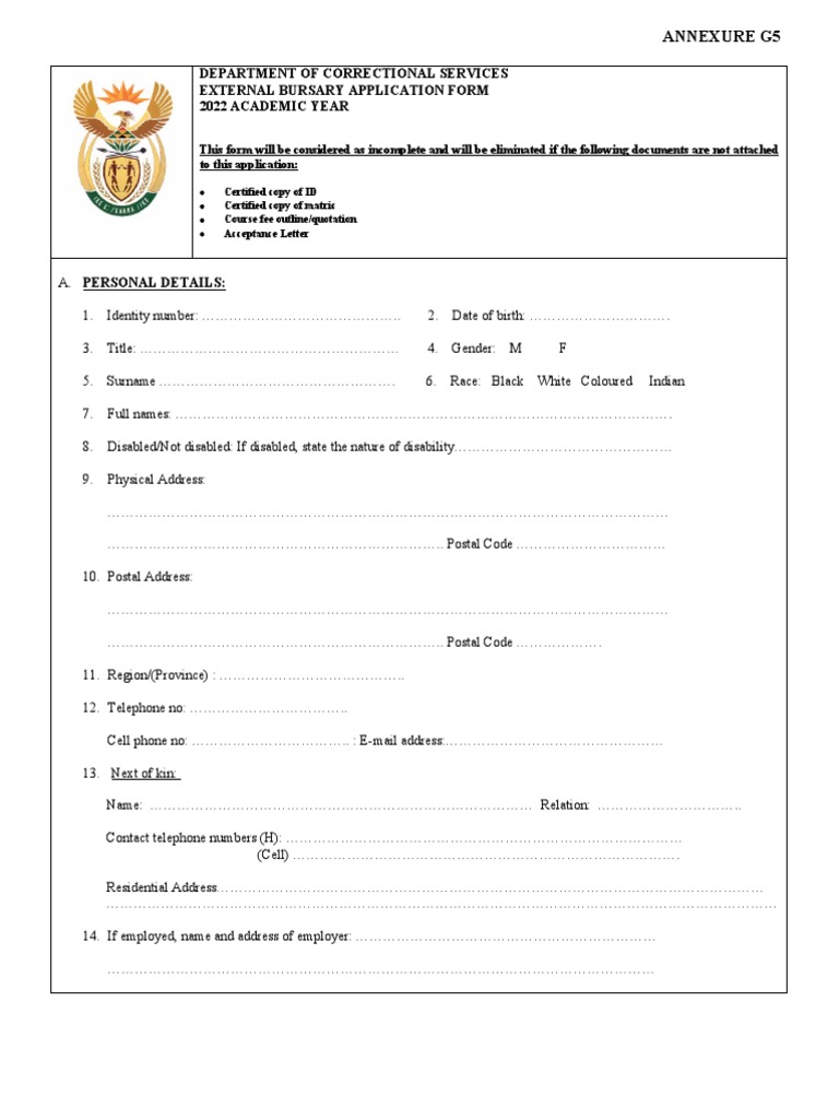 Department of Correctional Services External Bursary Application Form