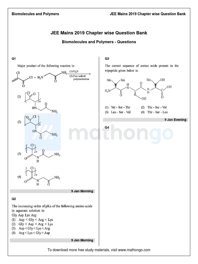 JEE Mains 2019 Chapter Wise Question Bank Biomolecules and Polymers