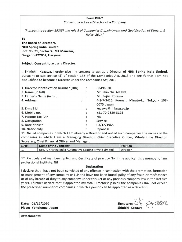 Declaration of The Appointee Director, Managing Director, in Form No ...