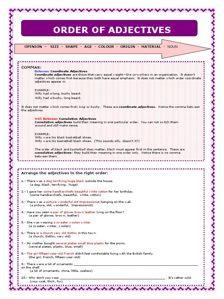 Order of Adjectives Worksheet | PDF | Adjective | Clothing