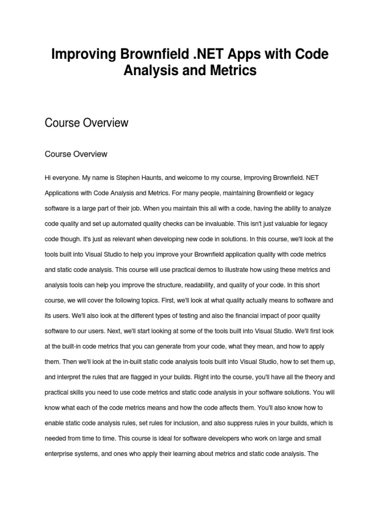 Improving Brownfield Apps With Code Analysis and Metrics PDF