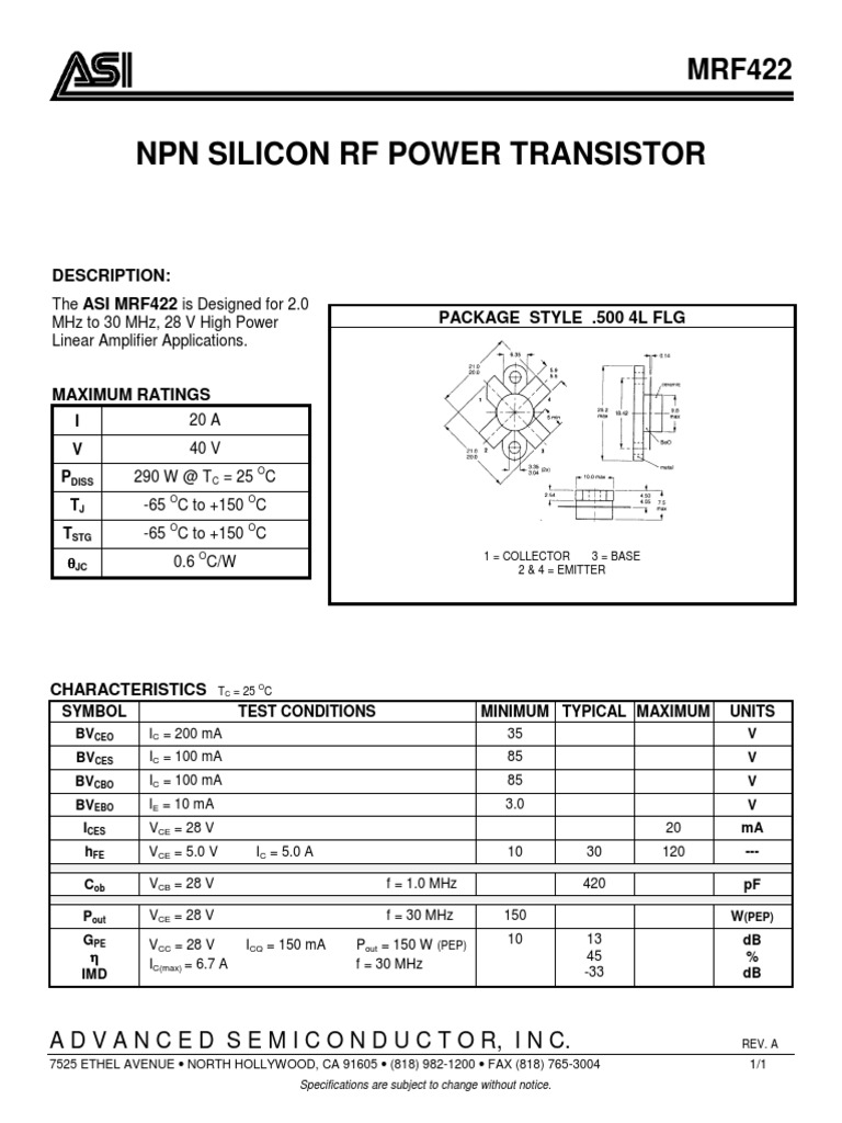NPN Silicon RF Power Transistor Description Asi Mrf422 Package Style